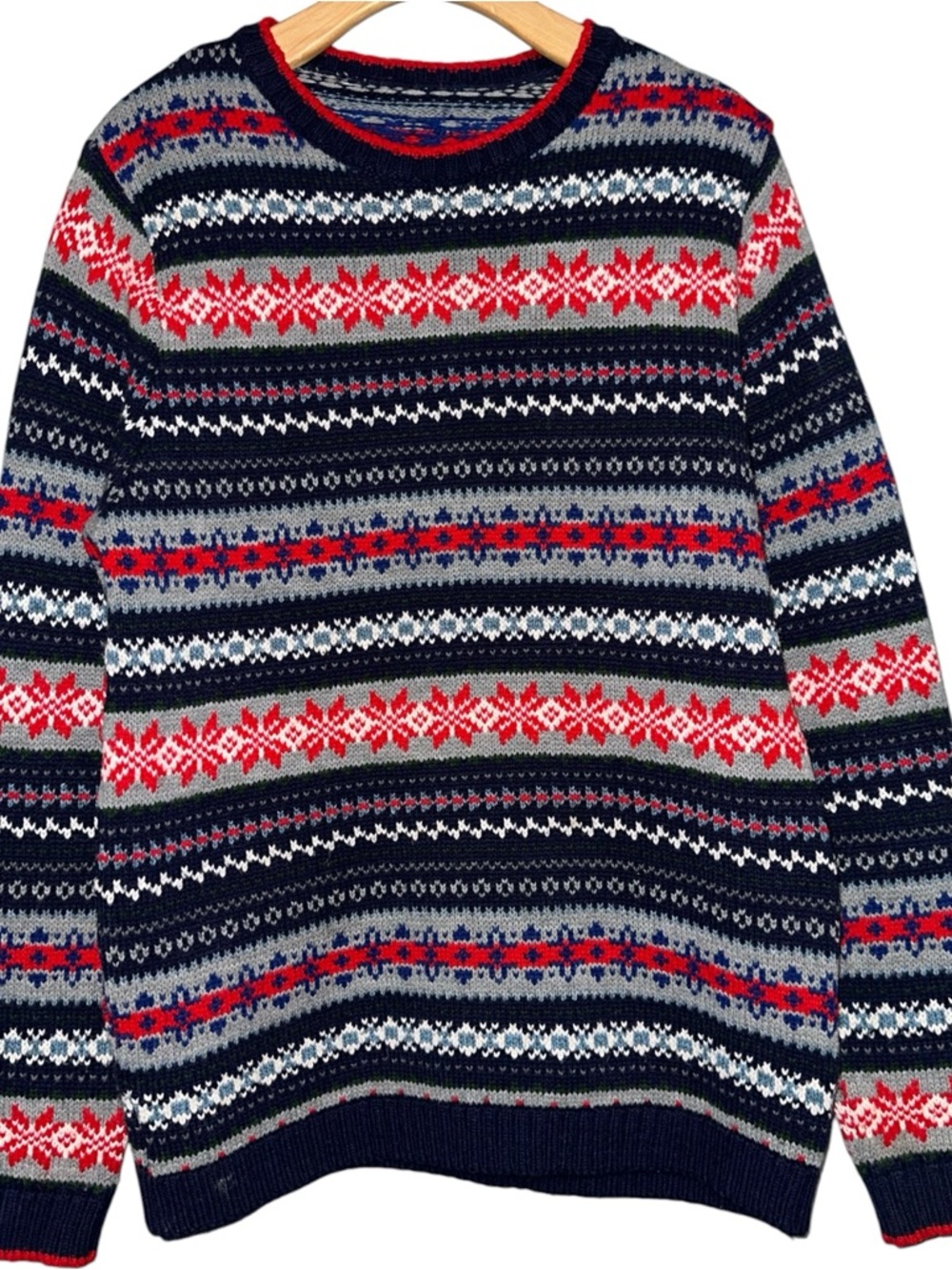 Men's Size M Navy Blue Red Gray Fair Isle Crewneck Sweater